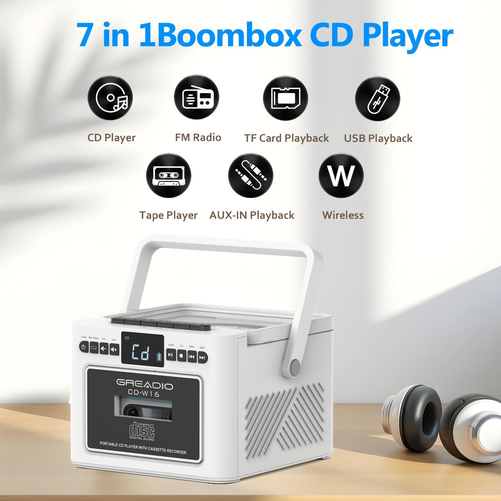 Boombox CD Cassette Player Rechargeable 5000mAh Battery 5W Dual Stereo Speakers FM Radio Tape Recording AUX SD USB 3.5mm Jack Portable Home