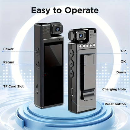 1080P HD Pocket Camcorder with 180° Rotatable Lens, Handheld Body Camera, USB Charging, Compact Smart Recorder for Travel