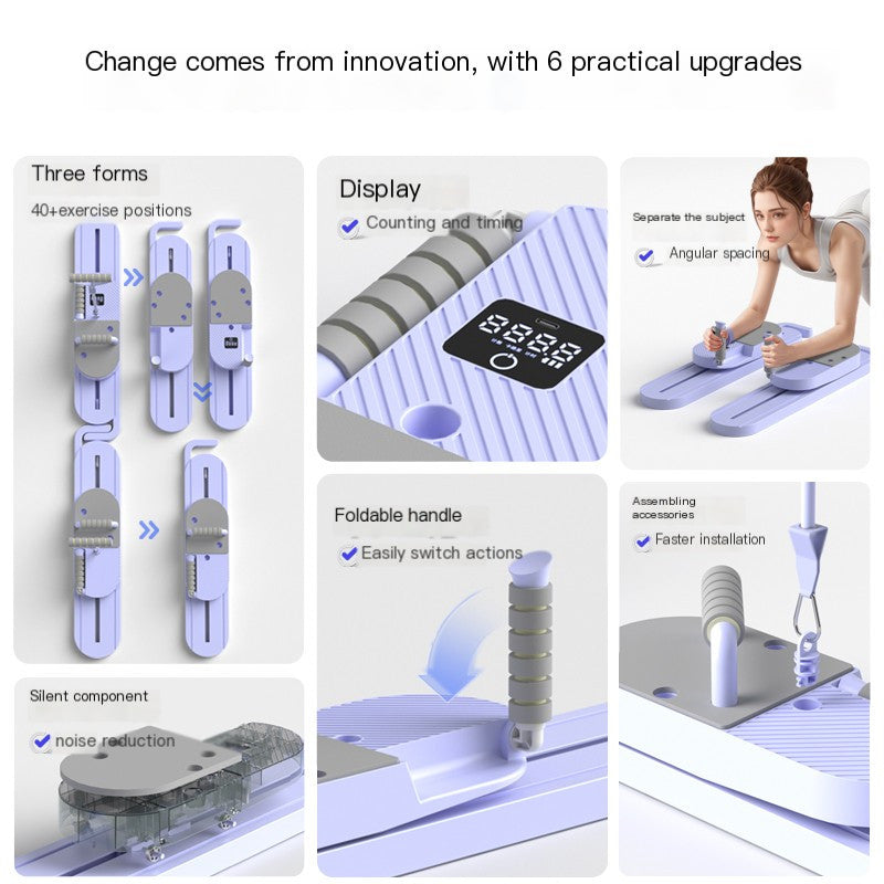 Purple or Blue Compact Pilates Board Trainer with Sliding Base, Display Panel and Resistance Handles