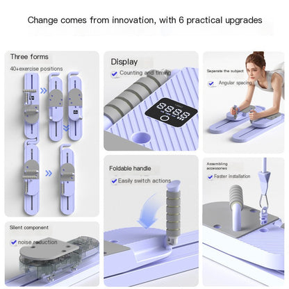 Purple or Blue Compact Pilates Board Trainer with Sliding Base, Display Panel and Resistance Handles