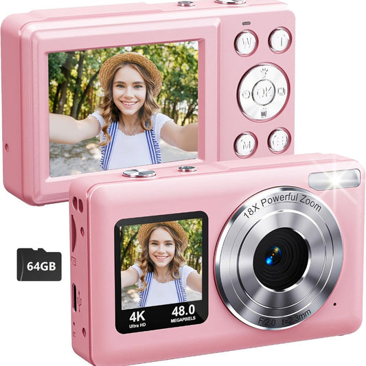 4K Dual Screen Digital Camera 18X Zoom Vlogging Camera with Anti-Shake 64GB Card & 2 Batteries