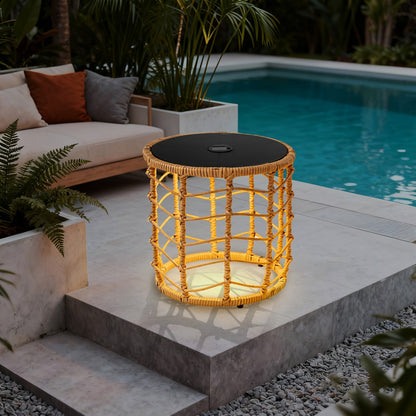 Outdoor Side Tables for Patio, Set of 2 Nesting PE Wicker Frames with Tempered Glass Tops for Patio or Balcony Layouts