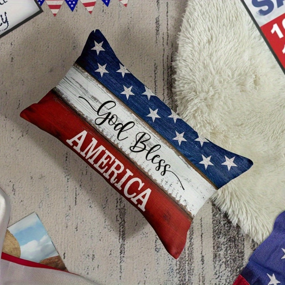 4th of July Throw Pillow Cover 12x20 Inch, God Bless America Patriotic Red White Blue Linen Cushion Case Star Pattern Distressed Wood
