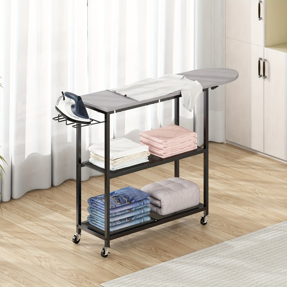 3-Tier Ironing Board Cart with Wheels, Rolling Laundry Station with Multi-Layer Storage Shelves for Living Room