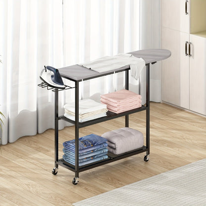 3-Tier Ironing Board Cart with Wheels, Rolling Laundry Station with Multi-Layer Storage Shelves for Living Room