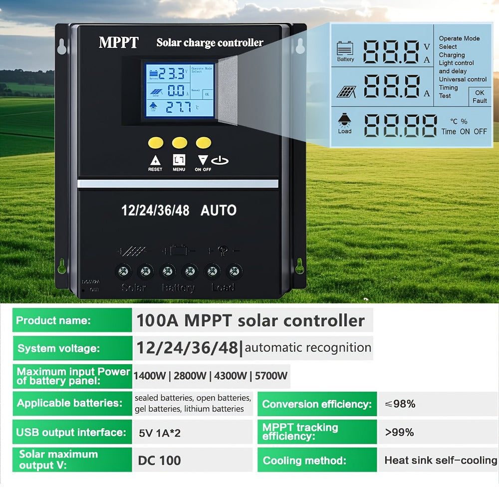 100A MPPT Solar Charge Controller with LCD Display Auto Tracking for 12V 24V 36V 48V Systems Lead-Acid Lithium LiFePO4 Batteries Off-Grid
