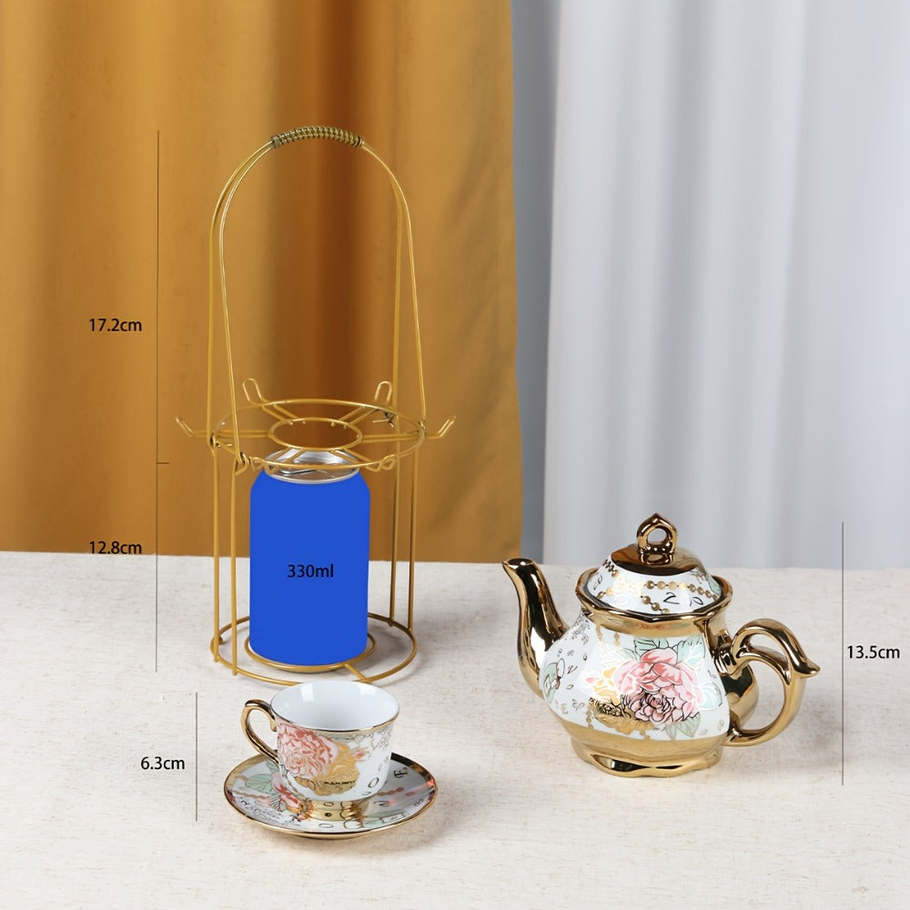 Floral Ceramic Tea Set 20 Pcs – European Porcelain Tea Cups & Saucers with Metal Holder & 15 Oz Teapot – Luxury Arabic Coffee Cup Set