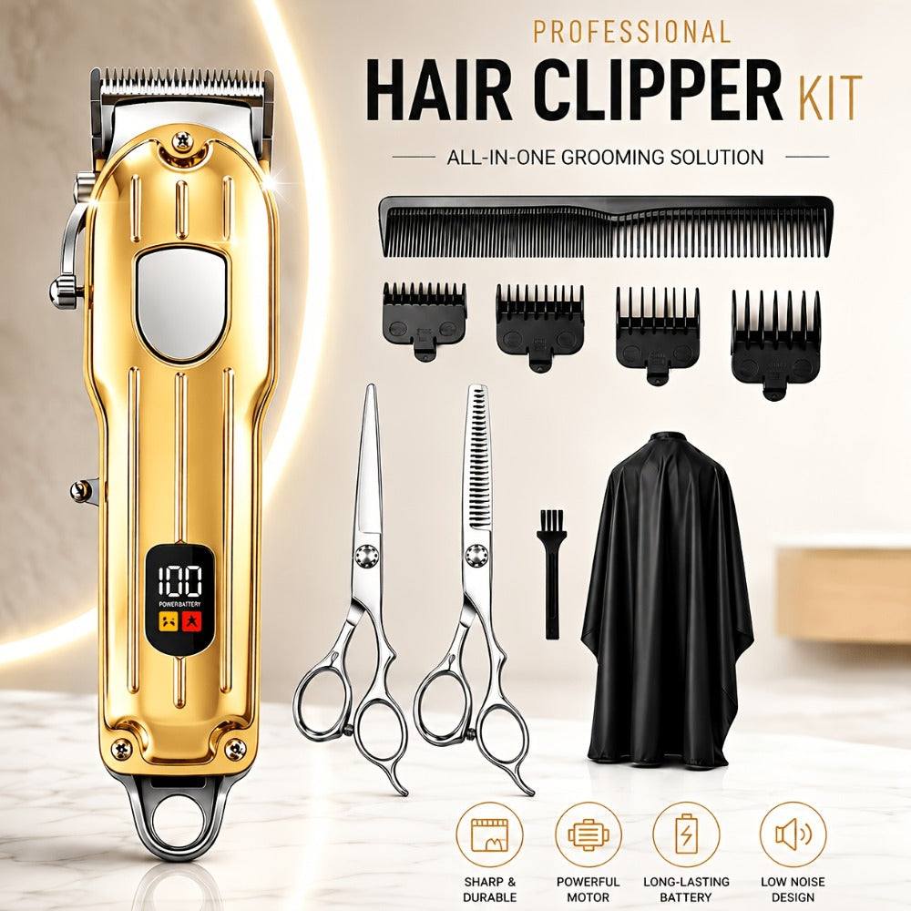 Barber Hair Clipper Kit for Men – USB Rechargeable Digital Size Adjustment, Complete Set with Scissors & 4 Limit Combs