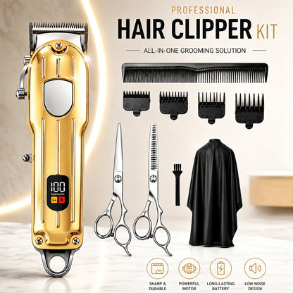 Barber Hair Clipper Kit for Men – USB Rechargeable Digital Size Adjustment, Complete Set with Scissors & 4 Limit Combs
