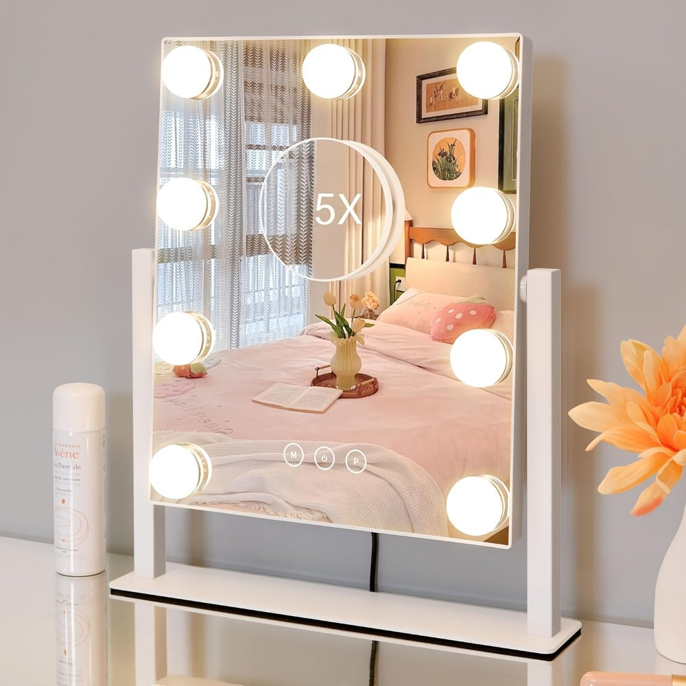 Makeup Mirror with Nine Bulb-Style LEDs, Three Light Colors, Touch Memory, 360° Rotation and Optional 5X Mirror