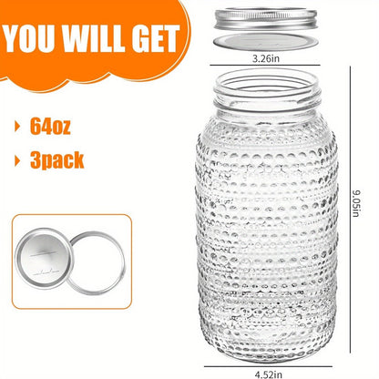 Mason Jars 64oz Wide Mouth with Lids 3 Pack Large Glass Canning Jars Airtight for Food for Home Cooking, Dining and Outdoor Meals
