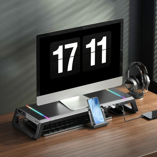 ICE COOREL Monitor Stand Foldable Height Adjustable with Storage Drawer, RGB Lighting & 4 USB Ports