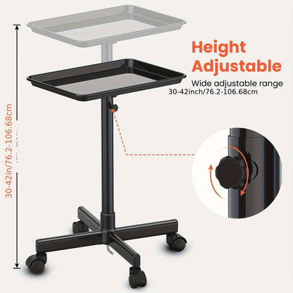 Salon Trolley Cart Height Adjustable 30 to 42 Inch Rolling Tray Table on Wheels Lockable Casters for Hair Stylist Barber Esthetician Nail