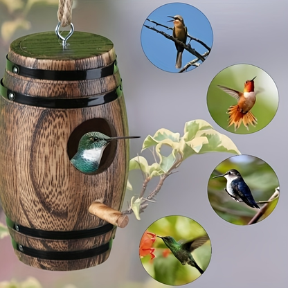 Hummingbird Nest Handcrafted Wood Vintage Barrel Hanging Outdoor Decor