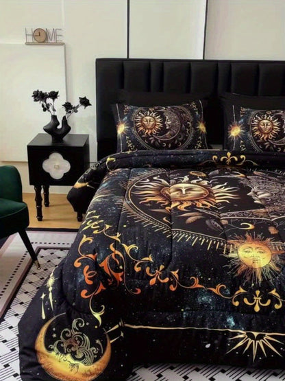 Sun Moon and Planet Print Comforter Set in Black with Twin, Full, Queen and King Size Options
