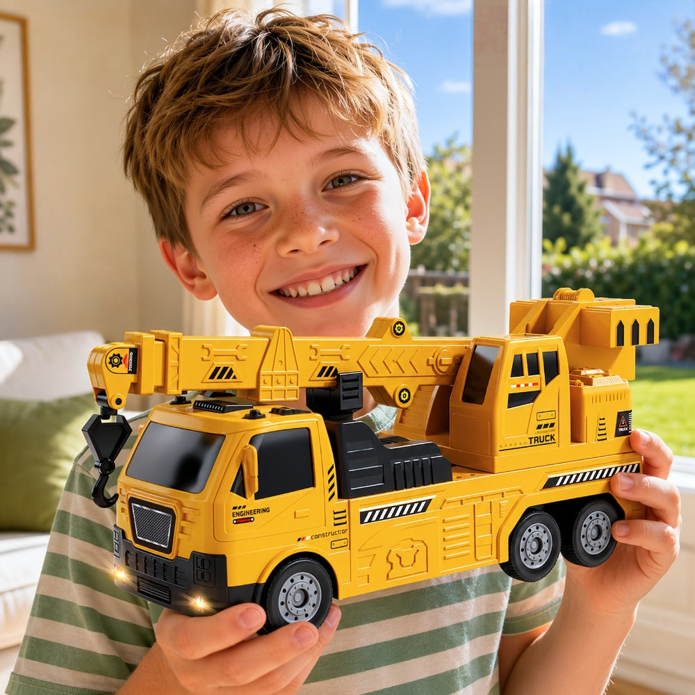 3-in-1 Crane Excavator & Racing Track Toy Set for Kids Ages 3+, Construction Vehicle Playset with Lights & Sounds
