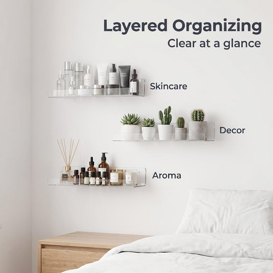 Clear Acrylic Wall Display Shelf Set in 15 x 4-Inch Size with 4, 8 or 16 Shelves and Mounting Hardware