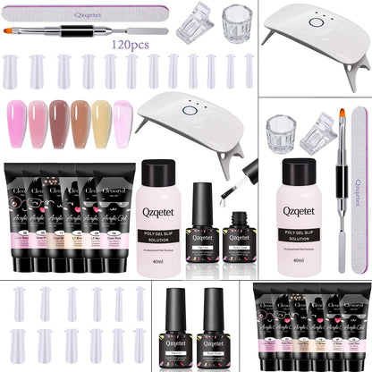 Poly Nail Gel Extension Kit 6 Colors with USB UV LED Lamp & Slip Solution – All-in-One Polygel Nail