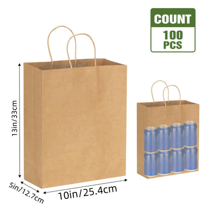 Gift Bag Set Large Brown Kraft Paper, 100 Bags with Twisted Handles, 112G Paper and 10 x 5 x 13 Inch Size