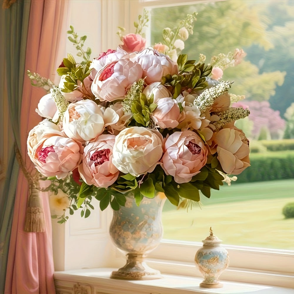 Faux Peonies Hydrangeas Artificial Flowers Vintage Silk Bouquet – Pink Green Mix Floral Centerpiece for Bridal Wedding Home Table Decor