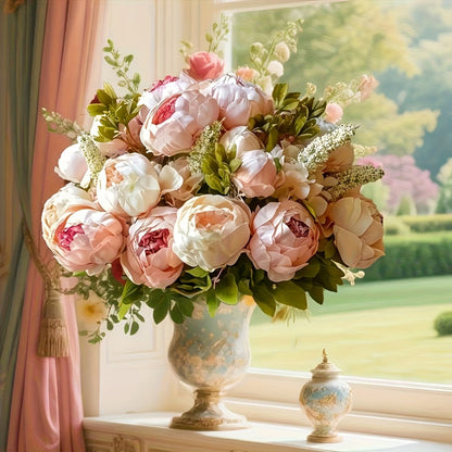 Faux Peonies Hydrangeas Artificial Flowers Vintage Silk Bouquet – Pink Green Mix Floral Centerpiece for Bridal Wedding Home Table Decor