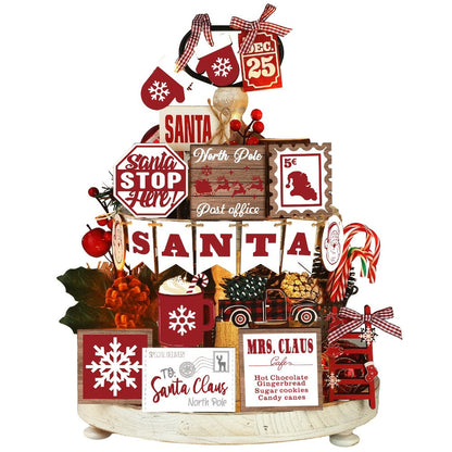Tiered Tray Decor Set 15/20pcs Winter Christmas Farmhouse Wooden Signs - Buffalo Check for Entryways, Bedrooms and Living Spaces
