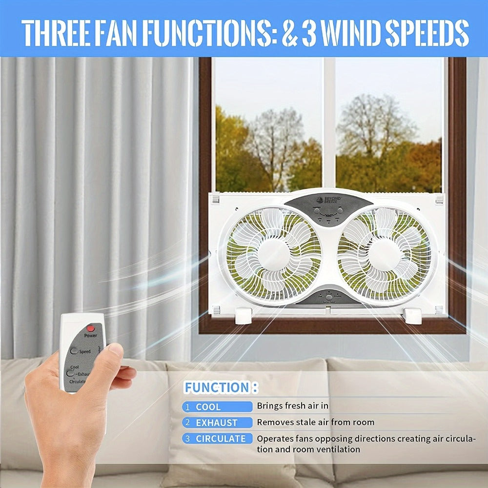 Window Fan Twin 9-Inch with Remote Control, Reversible Airflow Blades In/Out Exchange, 3 Speed Settings