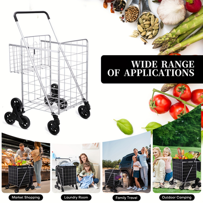 Stair Climbing Cart 8 Wheels 100 LBS Capacity Collapsible Utility Cart Foldable Grocery Dolly with Dual Basket Stainless Steel Frame