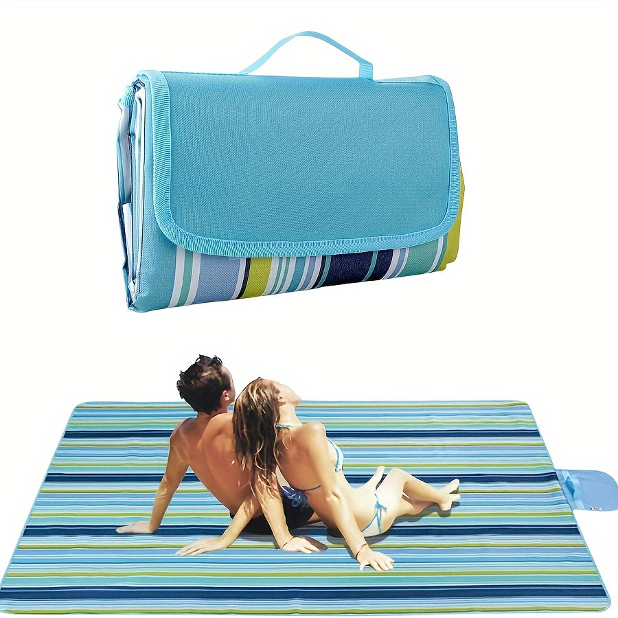 Blue Striped Picnic Blanket with Integrated Carry Flap, Top Handle and 78 x 60-Inch Pictured Size