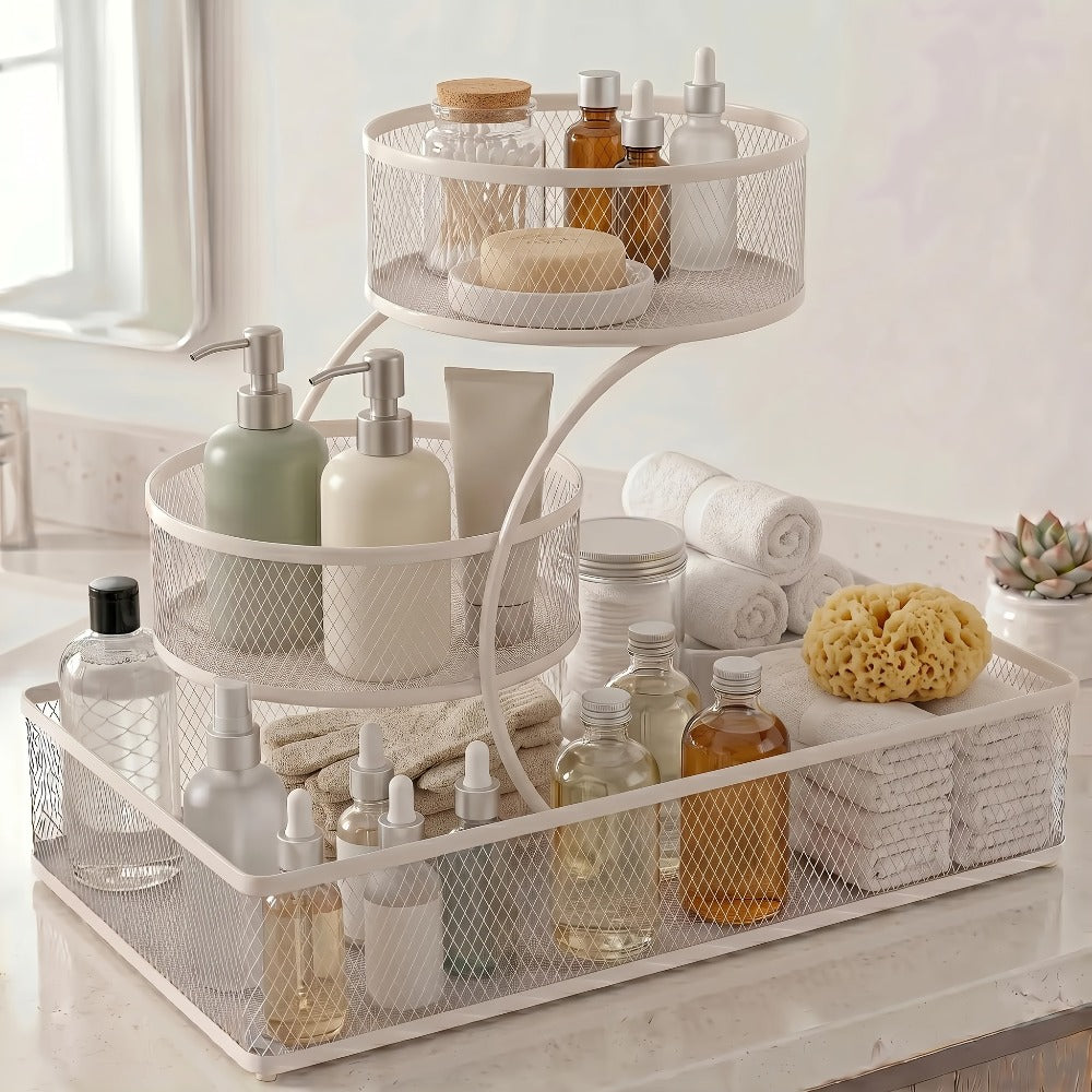 Three-Tier Metal Mesh Countertop Organizer with Black or White Finish and Optional Hooks or Spray Bottles