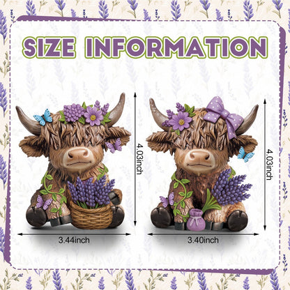 Scottish Highland Cow Figurines with Lavender - Resin Calf Statue Set of 2 for Home Garden Office Decor
