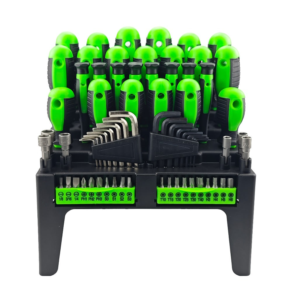 Screwdriver Organizer Set with 69- or 118-Piece Rack Configurations in Green, Red or Orange and Blue