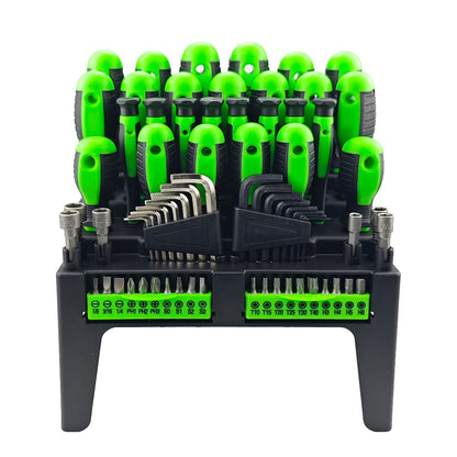 Screwdriver Organizer Set with 69- or 118-Piece Rack Configurations in Green, Red or Orange and Blue