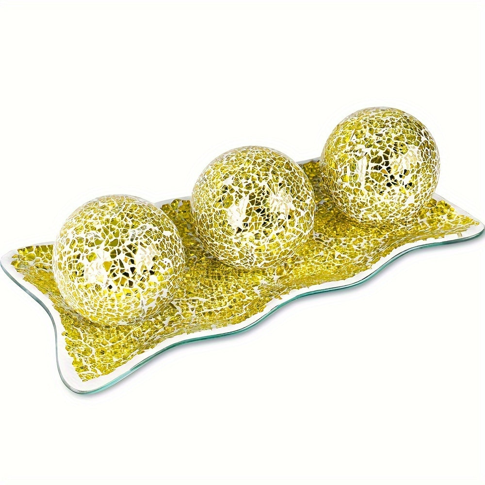 Decorative Glass Balls for Bowls 3 Inch Set of 3 with Glass Tray for Entryways, Bedrooms and Living Spaces