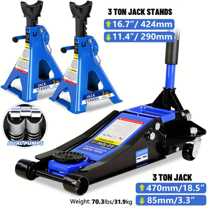 Hydraulic Floor Jack Kit 2/2.5/3 Ton Low Profile Trolley Jack with Jack Stands, Tire Repair Kit, Wheel Wrench & Wheel Chock Combo – Red/Blue