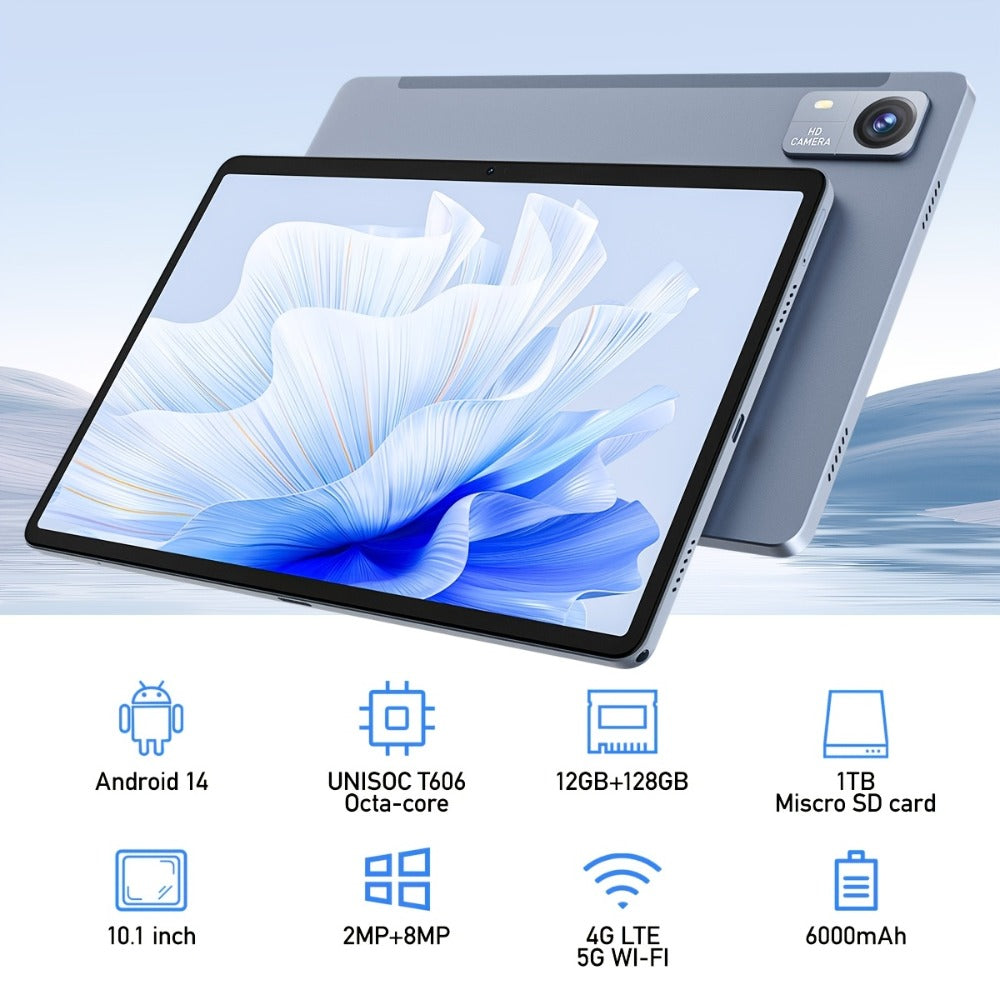 Android Tablet 10.1-Inch with Android 14, 4G LTE Dual SIM, T606 Octa-Core and 256GB Internal Storage