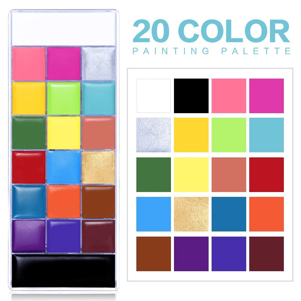 Oil-Based Face Body Paint Palette 20 Colors 168g – Halloween SFX Makeup Kit Black White Flash Tattoo Cosplay