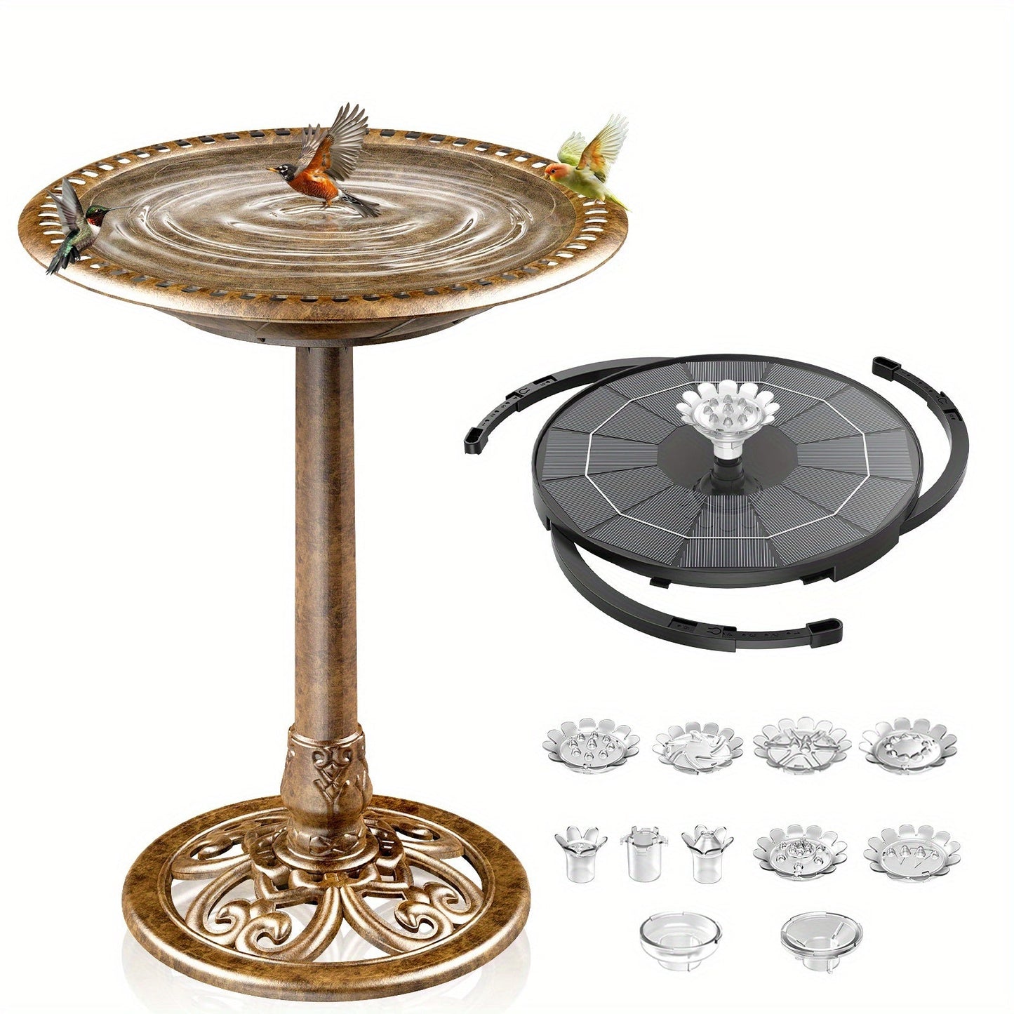 Pedestal Bird Bath Solar Fountain 3.5W Antique Brass Bronze for Garden, Patio and Yard Use