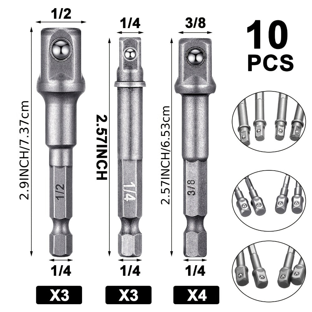 Impact Socket Adapter Set – 1/2" 3/8" 1/4" Square Drive Hex Bit Adapter for Drills & Impact Drivers, Extension Socket Converter