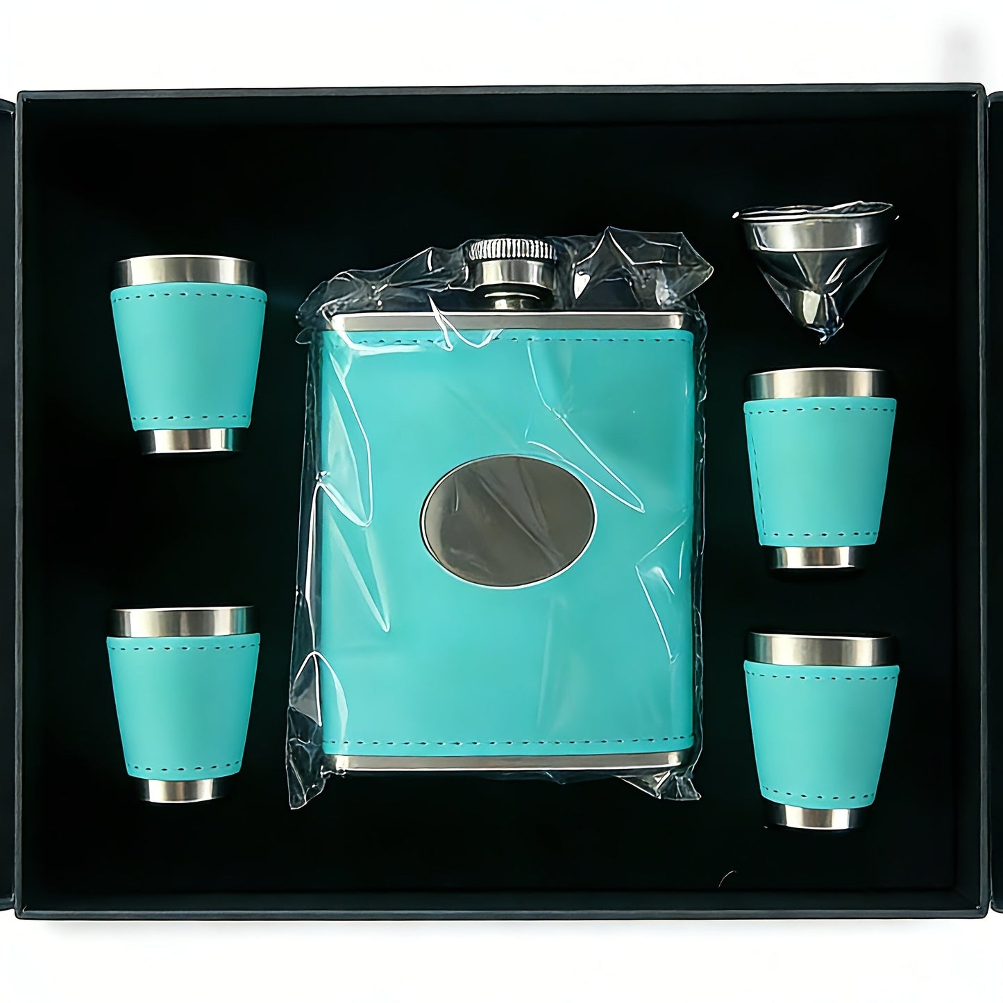 Flask Set for Women 6oz Leather Wrapped Stainless Steel Hip Flask Gift Set with 4 Cups for Entryways, Bedrooms and Living Spaces