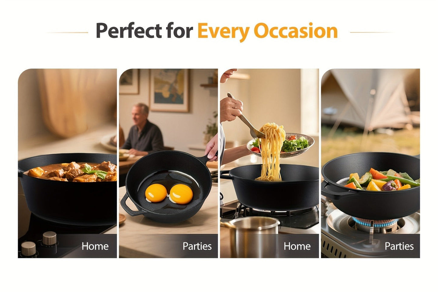 2-in-1 Cast Iron Dutch Oven with 26cm Deep Pot and Long-Handle Skillet Lid for Stovetop, Oven or Campfire