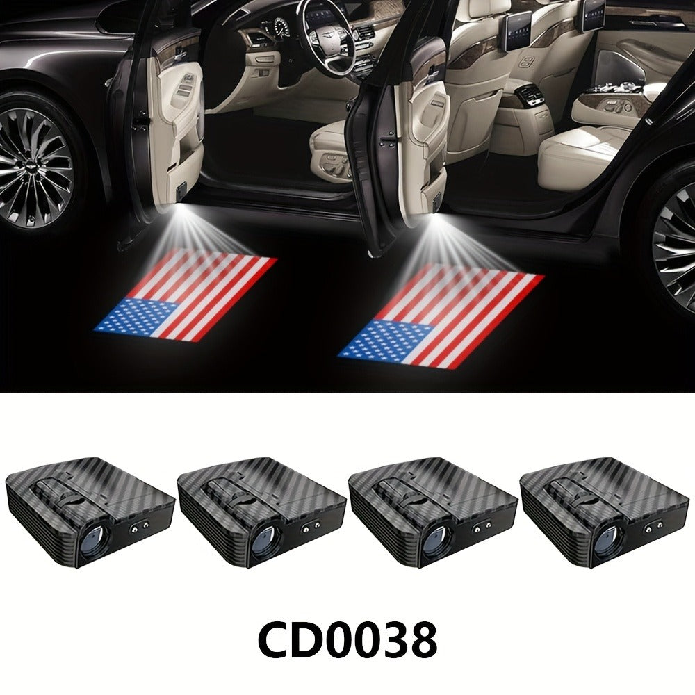 LED Door Projector Lights 4pcs American Flag Logo Wireless Car Door Step Welcome Shadow Light Universal Fit All Car Brands Battery Powered