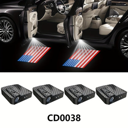 LED Door Projector Lights 4pcs American Flag Logo Wireless Car Door Step Welcome Shadow Light Universal Fit All Car Brands Battery Powered