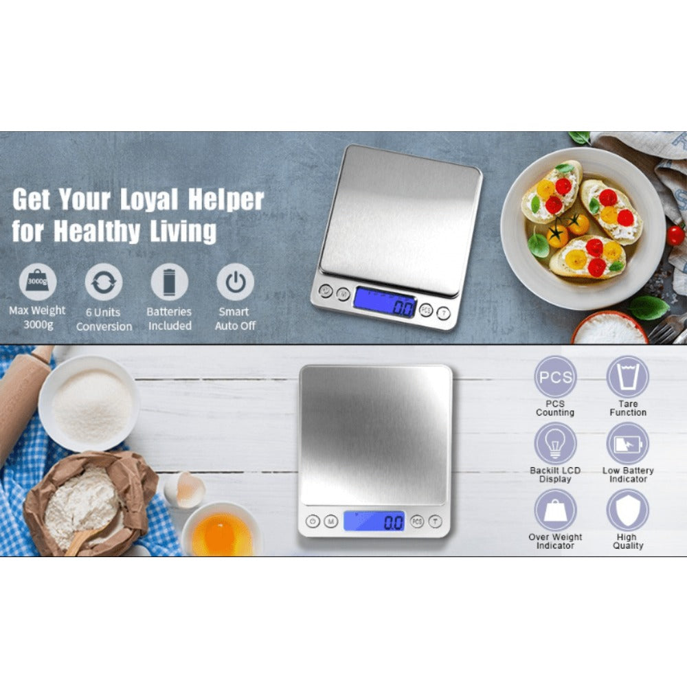 Digital Kitchen Scale Pocket Food Scale 3000g x 0.1g Accuracy, 6 Unit Modes LCD Display Tare Function