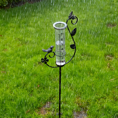 Decorative Rain Gauge Outdoor – 8-Inch Large Capacity Bird Ornament & Metal Spiral Rainfall Collector for Garden, Lawn & Patio