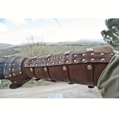 Riveted Costume Forearm Guard in Brown, Black or Coffee with Finger Loop and Buckled Strap Details