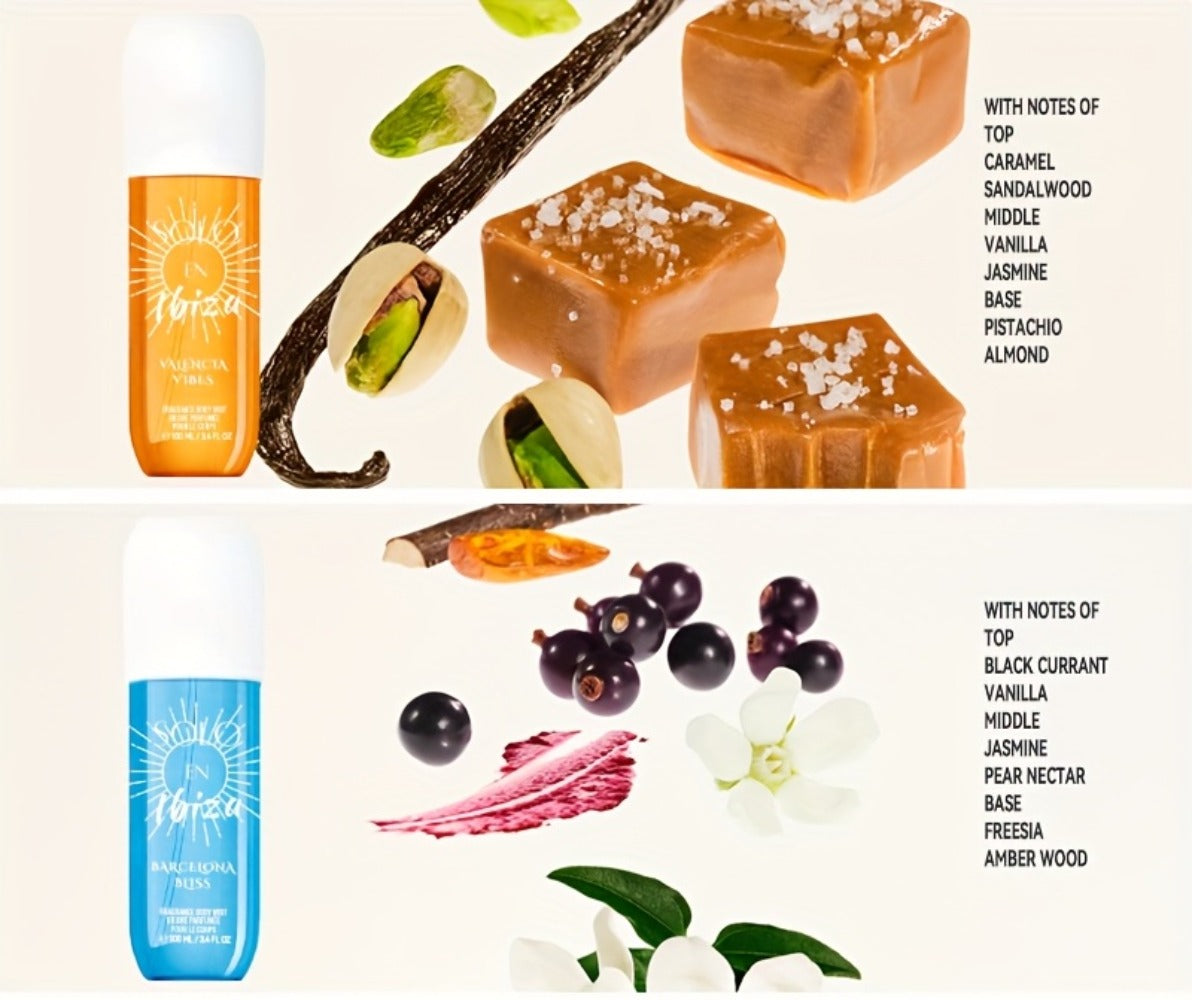 Body Hair Fragrance Mist Gift Set 2-Piece SOLO EN IBIZA Perfume Mist Body Cream Vanilla Fruit for Bath Time, Home Spa and Personal Care