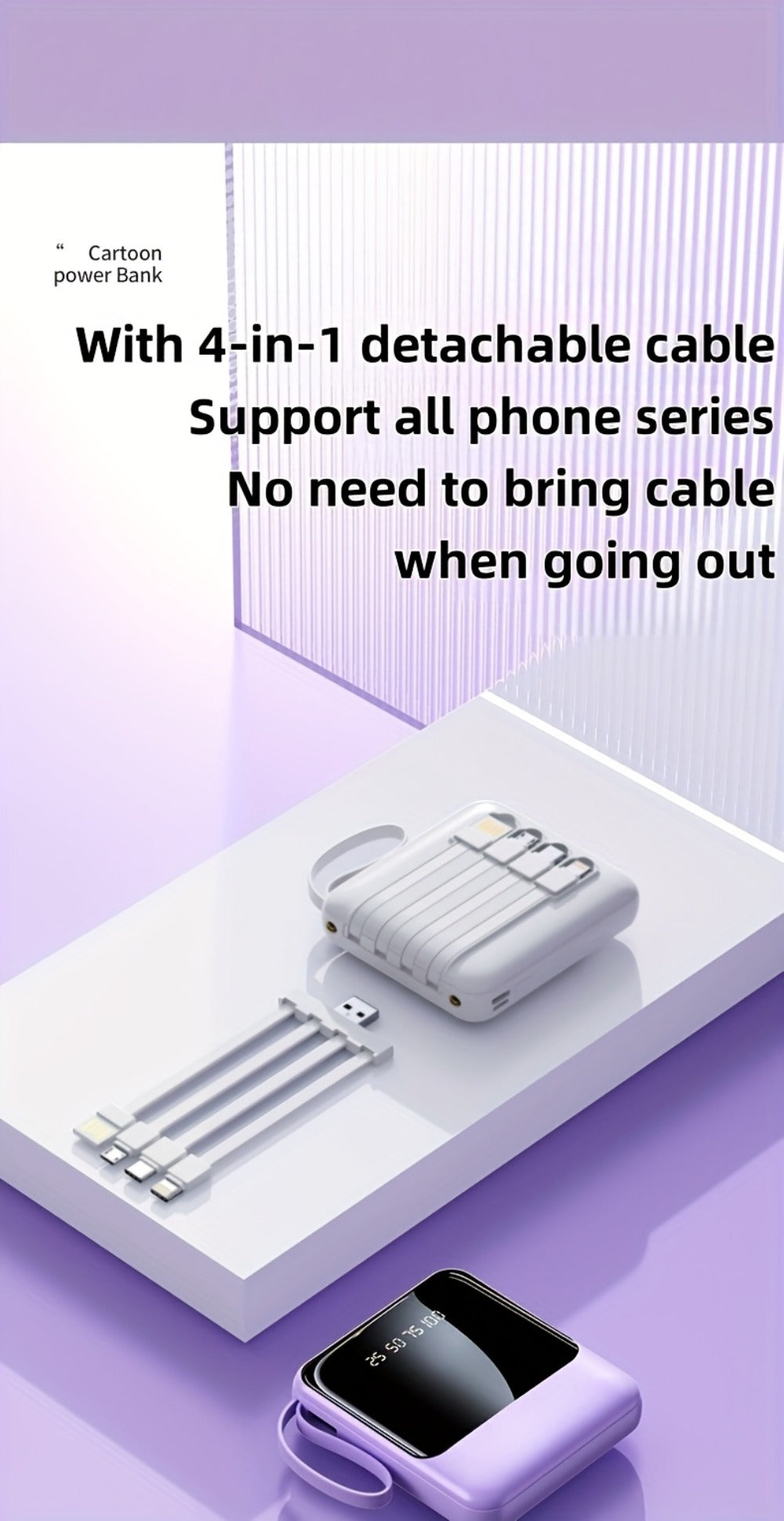 Power Bank 10000mAh with Built-In Cable Set, 5W/15W/22.5W selections, Display and Lanyard for Travel