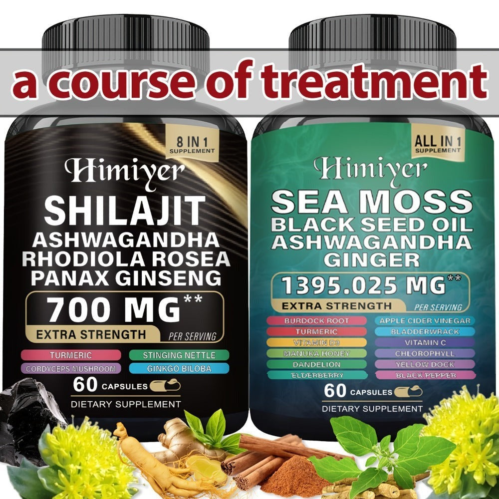 Dietary Supplement Six-Bottle Bundle with Himiyer Label, Sea Moss and Shilajit 60-Capsule Formulas