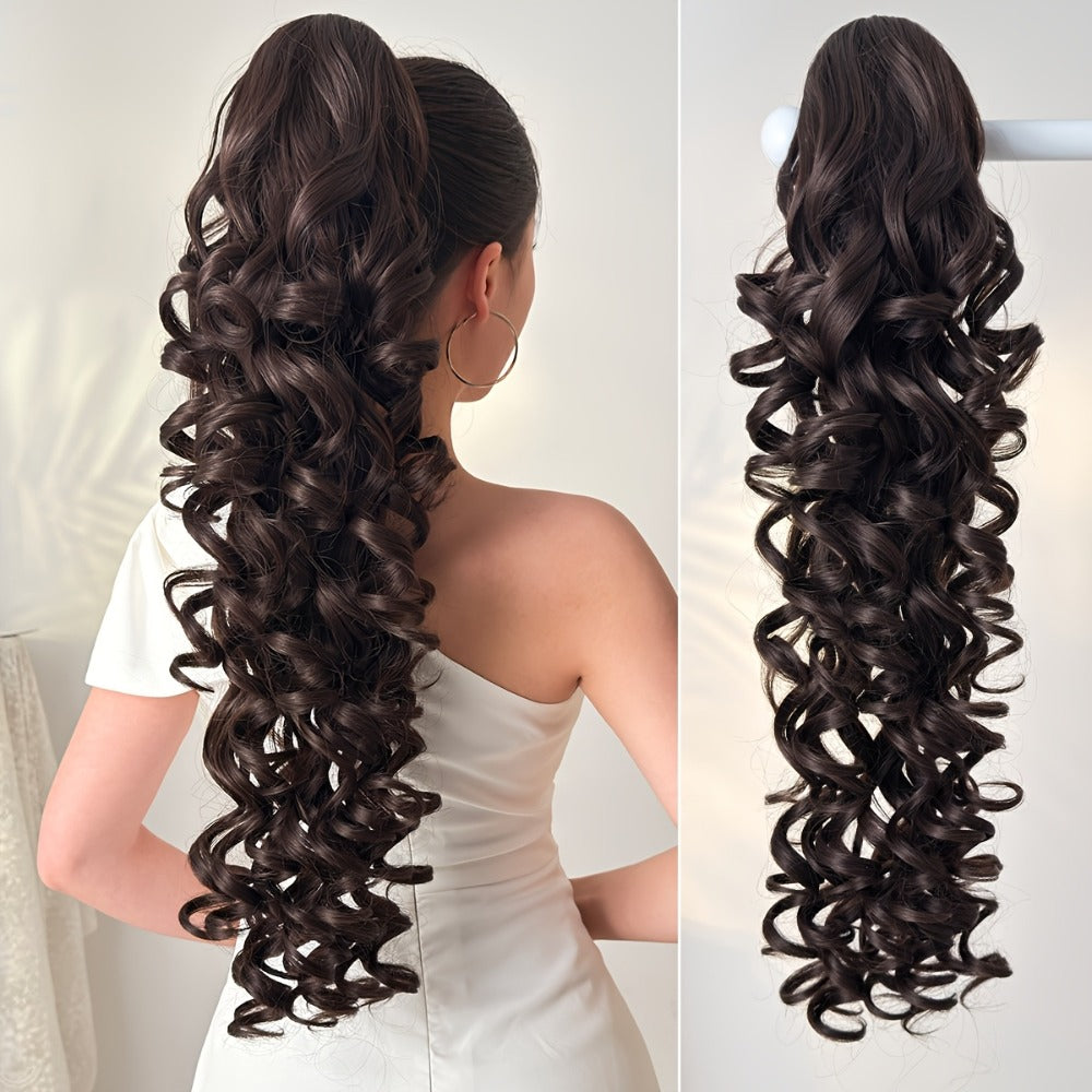 Curly Ponytail Extension 28 Inch Long Heat Resistant Synthetic Clip In Wrap Around Hairpiece Voluminous Bouncy Curls 4 Styles for Women